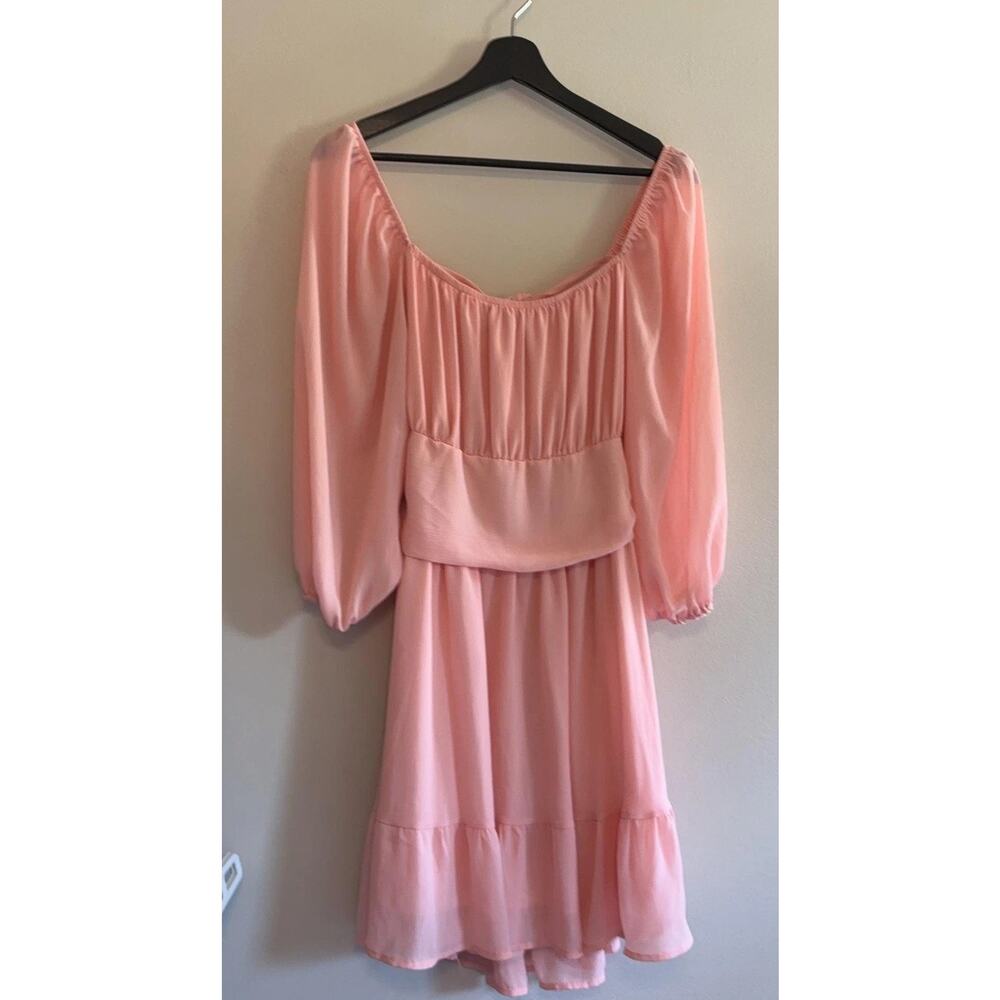Hount Dress Womens Large Pink Smocked Tie Back Balloon Sleeve Short Boho Mini